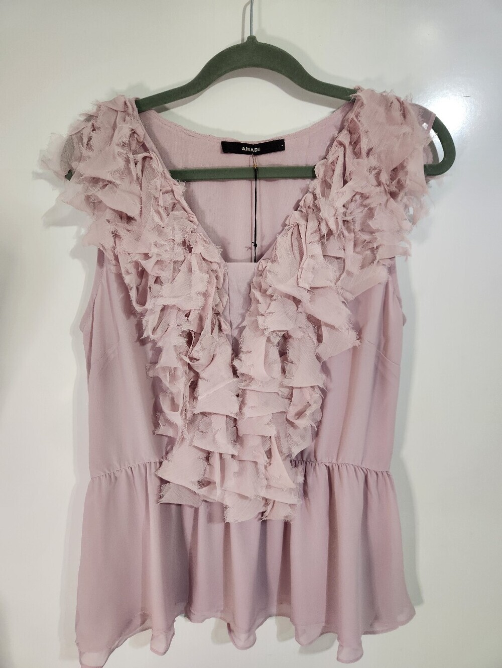 Dusty Pink Ruffle V-Neck Women's Blouse, Size Large